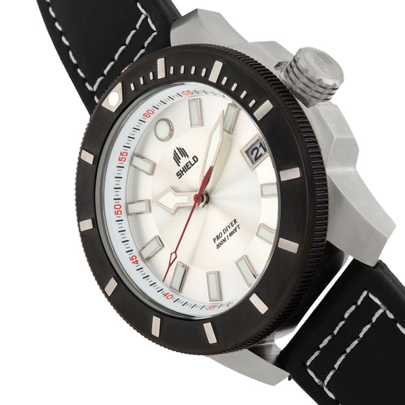 Shield Shaw Leather-Band Men's Diver Watch w/Date - Silver