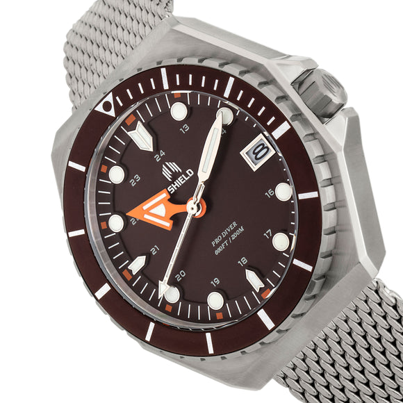 Shield Marius Bracelet Men's Diver Watch w/Date - Silver/Brown