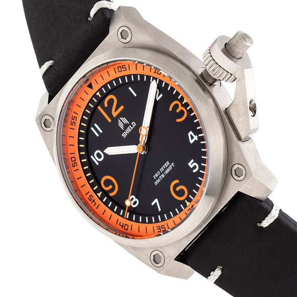 Shield Pascal Leather-Band Men's Diver Watch - Black/Orange