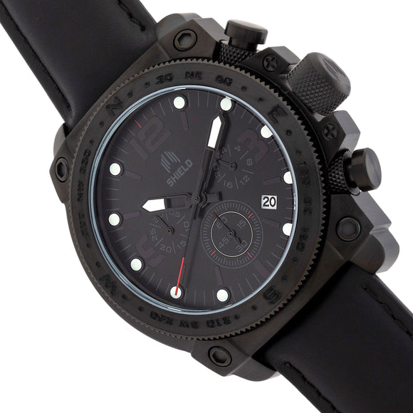Shield Tesei Chronograph Leather-Band Men's Diver Watch w/Date - Black