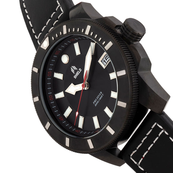 Shield Shaw Leather-Band Men's Diver Watch w/Date - Black