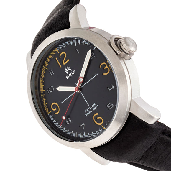 Shield Berge Leather-Band Men's Diver Watch - Silver/Black