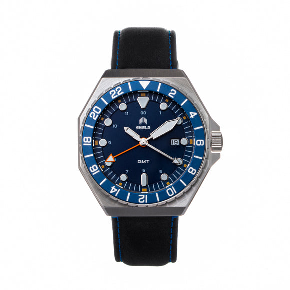 Shield Marco Leather-Band Watch w/Date - Navy