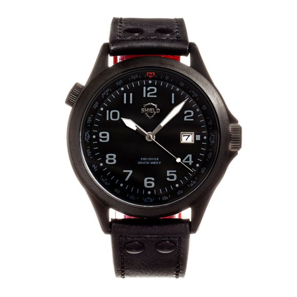 Shield Palau Leather-Band Men's Diver Watch w/Date - Black