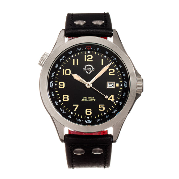 Shield Palau Leather-Band Men's Diver Watch w/Date - Silver/Black