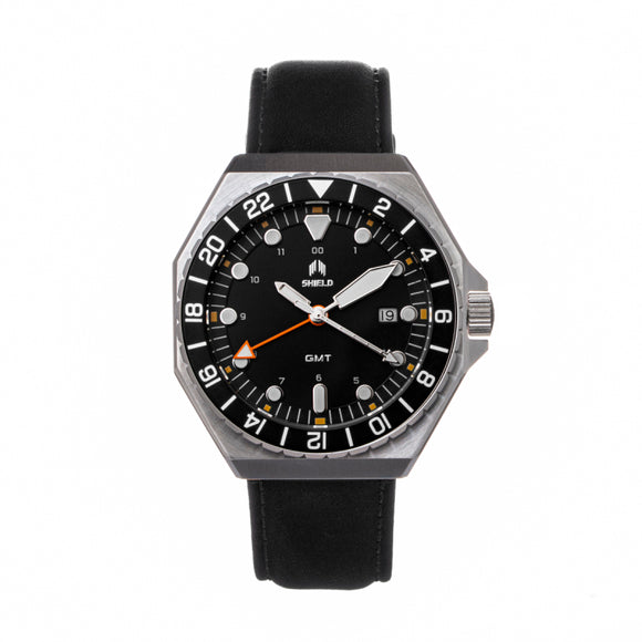 Shield Marco Leather-Band Watch w/Date - Black