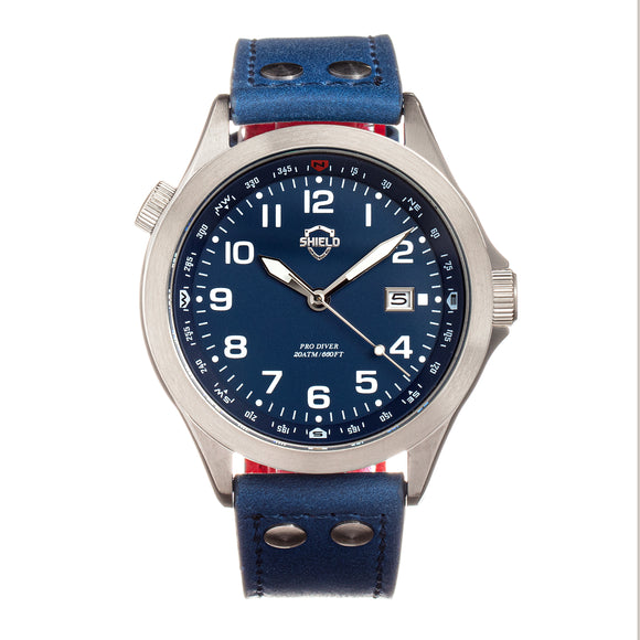 Shield Palau Leather-Band Men's Diver Watch w/Date - Silver/Blue