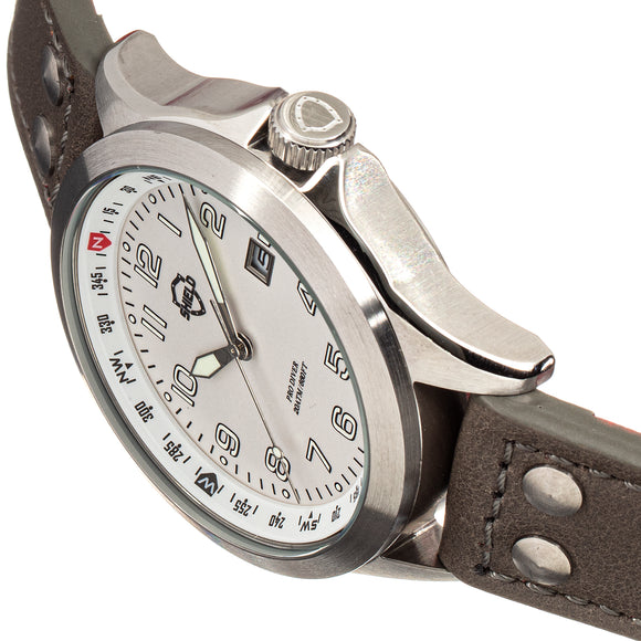 Shield Palau Leather-Band Men's Diver Watch w/Date - Silver/Grey