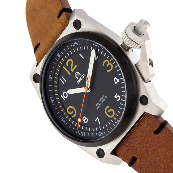 Shield Pascal Leather-Band Men's Diver Watch - Light Brown/Black