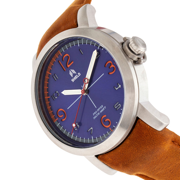 Shield Berge Leather-Band Men's Diver Watch - Silver/Blue