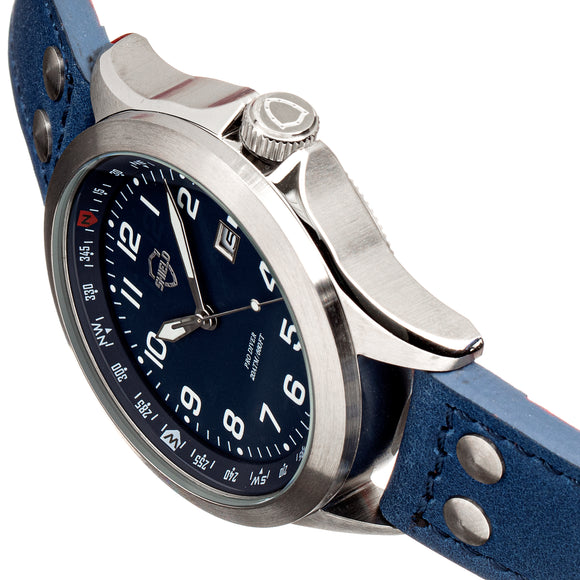 Shield Palau Leather-Band Men's Diver Watch w/Date - Silver/Blue