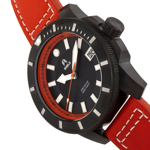 Shield Shaw Leather-Band Men's Diver Watch w/Date - Black/Orange