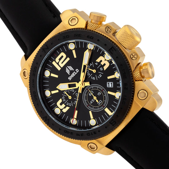 Shield Tesei Chronograph Leather-Band Men's Diver Watch w/Date - Gold/Black