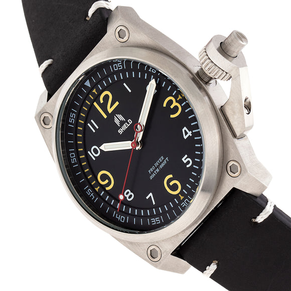 Shield Pascal Leather-Band Men's Diver Watch - Black/Silver