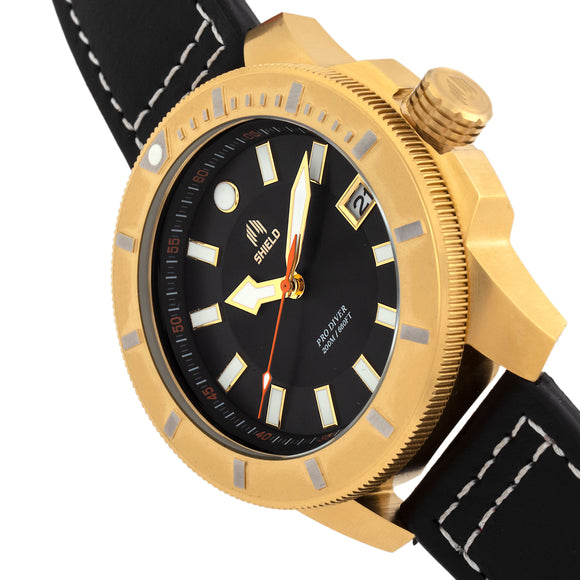 Shield Shaw Leather-Band Men's Diver Watch w/Date - Gold/Black