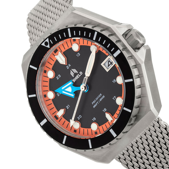 Shield Marius Bracelet Men's Diver Watch w/Date - Silver/Orange