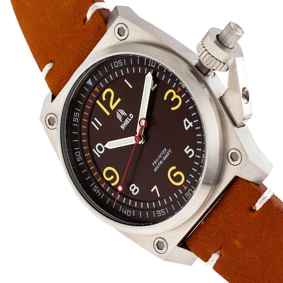 Shield Pascal Leather-Band Men's Diver Watch - Camel/Brown