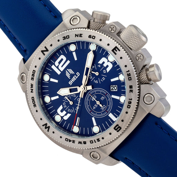 Shield Tesei Chronograph Leather-Band Men's Diver Watch w/Date - Silver/Blue