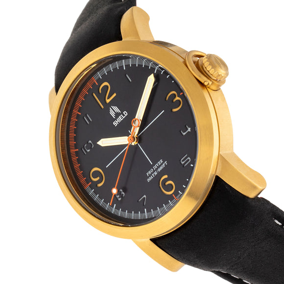 Shield Berge Leather-Band Men's Diver Watch - Gold/Black