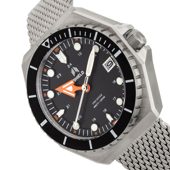 Shield Marius Bracelet Men's Diver Watch w/Date - Silver/Black