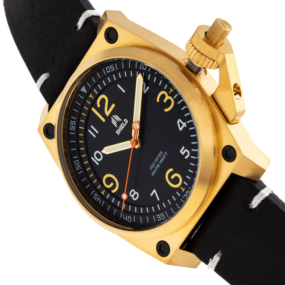 Shield Pascal Leather-Band Men's Diver Watch - Black/Gold