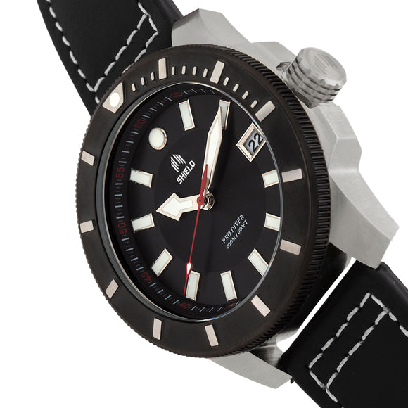 Shield Shaw Leather-Band Men's Diver Watch w/Date - Silver/Black