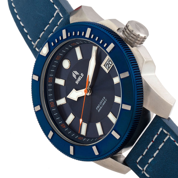 Shield Shaw Leather-Band Men's Diver Watch w/Date - Silver/Blue