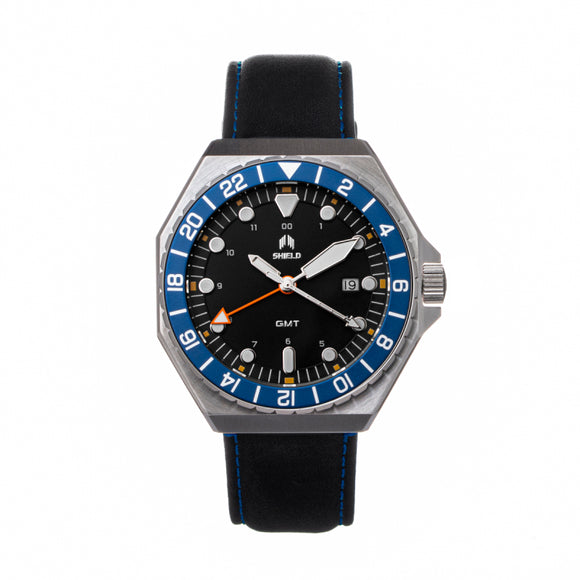 Shield Marco Leather-Band Watch w/Date - Black/Navy