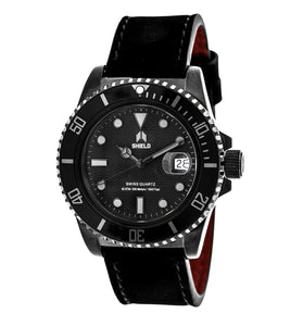 Shield Cousteau Leather-Band Pro-Diver Swiss Watch w/Date - Black