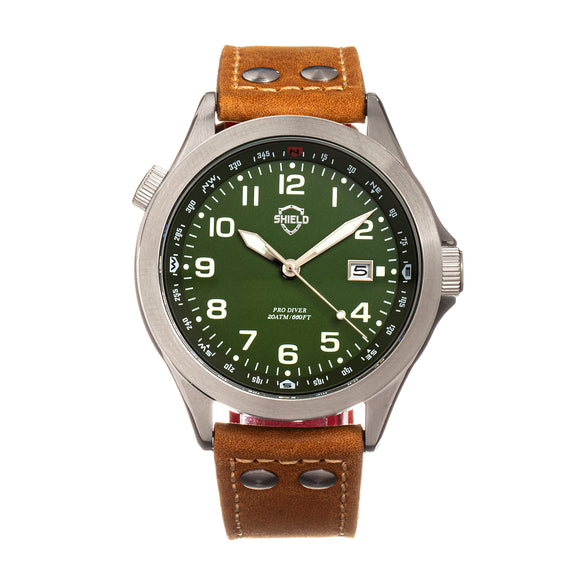 Shield Palau Leather-Band Men's Diver Watch w/Date - Silver/Green