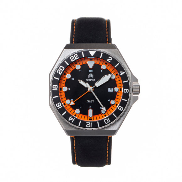 Shield Marco Leather-Band Watch w/Date - Black/Orange