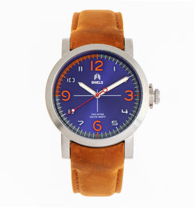Shield Berge Leather-Band Men's Diver Watch - Silver/Blue