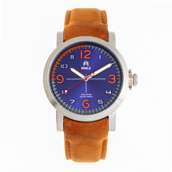 Shield Berge Leather-Band Men's Diver Watch - Silver/Blue