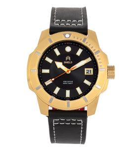 Shield Shaw Leather-Band Men's Diver Watch w/Date - Gold/Black
