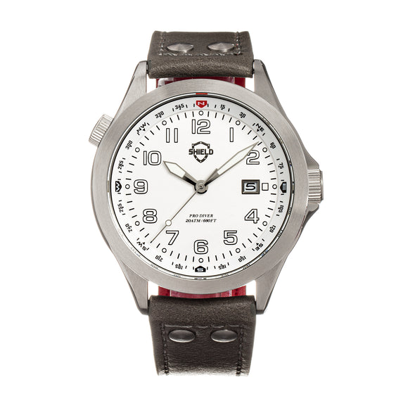 Shield Palau Leather-Band Men's Diver Watch w/Date - Silver/Grey