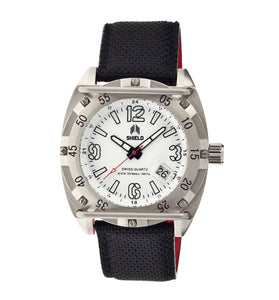 Shield Pilecki Leather-Band Swiss Mens Diver Watch - Silver/White