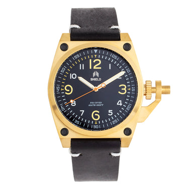 Shield Pascal Leather-Band Men's Diver Watch - Black/Gold