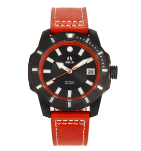 Shield Shaw Leather-Band Men's Diver Watch w/Date - Black/Orange