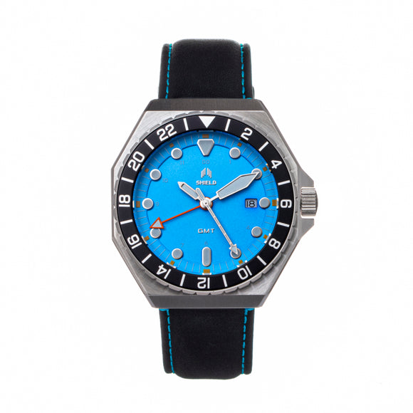 Shield Marco Leather-Band Watch w/Date - Light Blue