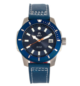 Shield Shaw Leather-Band Men's Diver Watch w/Date - Silver/Blue