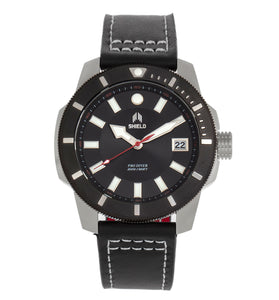 Shield Shaw Leather-Band Men's Diver Watch w/Date - Silver/Black