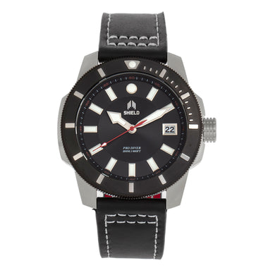 Shield Shaw Leather-Band Men's Diver Watch w/Date - Silver/Black