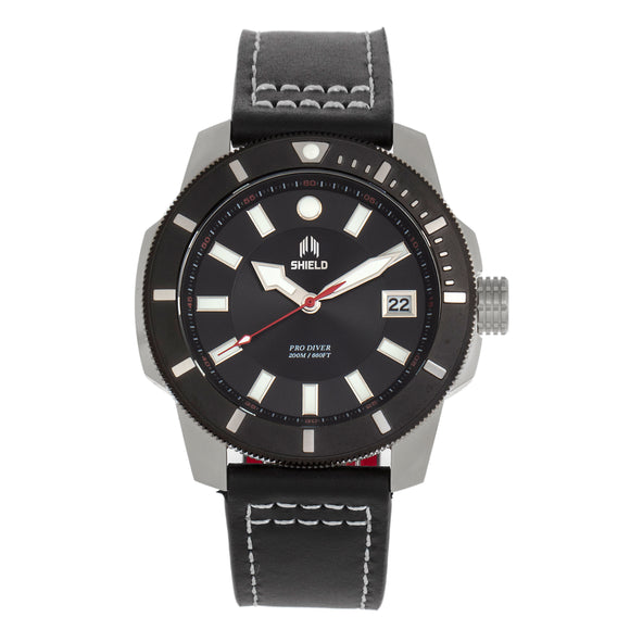 Shield Shaw Leather-Band Men's Diver Watch w/Date - Silver/Black