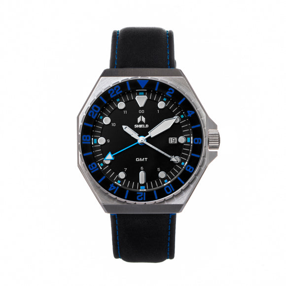 Shield Marco Leather-Band Watch w/Date - Black/Blue