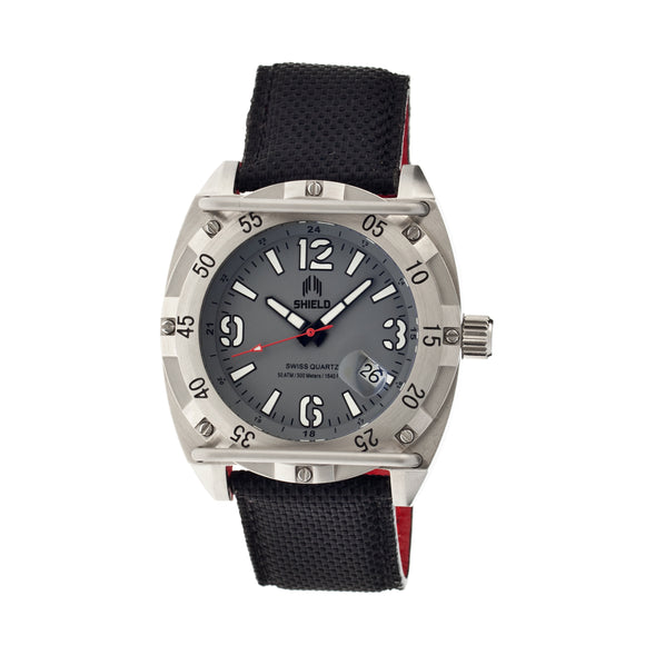 Shield Pilecki Leather-Band Swiss Mens Diver Watch - Silver/Grey