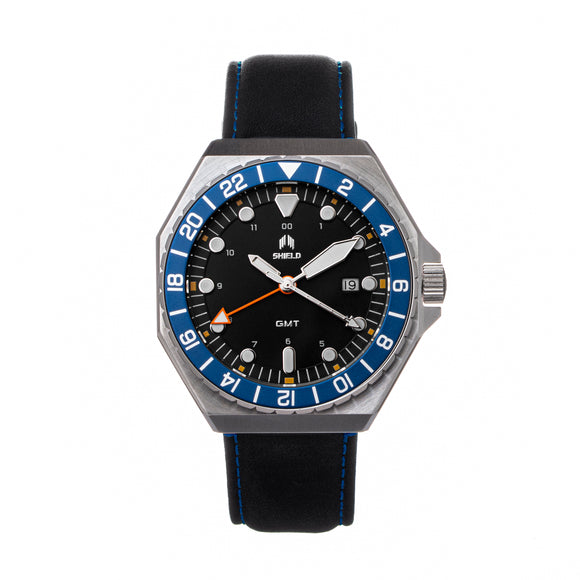 Shield Marco Leather-Band Watch w/Date - Black/Navy - SLDSH116-15