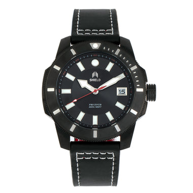 Shield Shaw Leather-Band Men's Diver Watch w/Date - Black