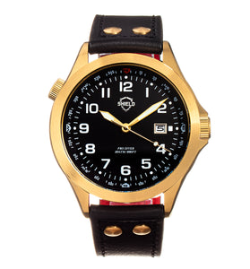 Shield Palau Leather-Band Men's Diver Watch w/Date - Gold/Black